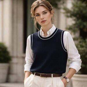 Zara Women's Navy Blue Knit Sleeveless Sweater Vest Modern Minimalist Classic M